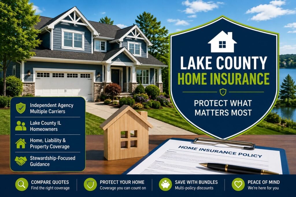 Home insurance concept featuring a suburban house, home model, insurance policy, and protective shield.