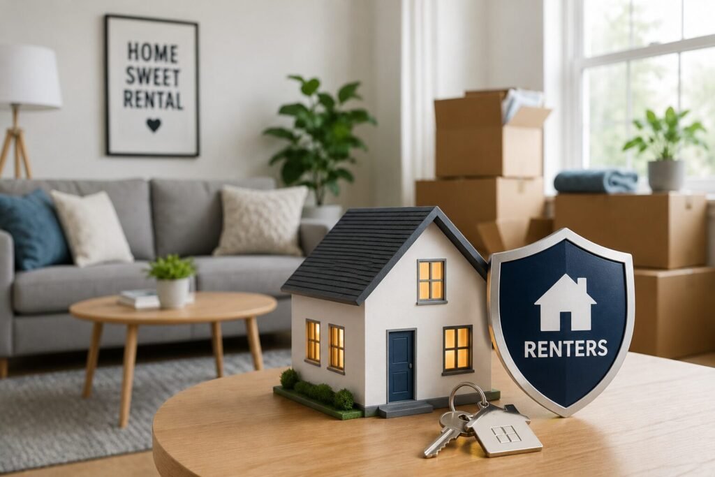 Renters insurance concept with a model house, shield, keys, and moving boxes in a modern apartment.